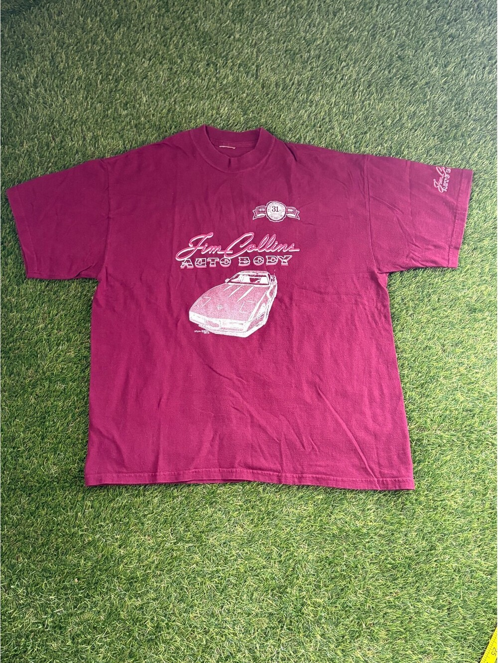 Vintage Jim Collins Auto Body 90s Burgundy Cotton T-Shirt, Fits like Large